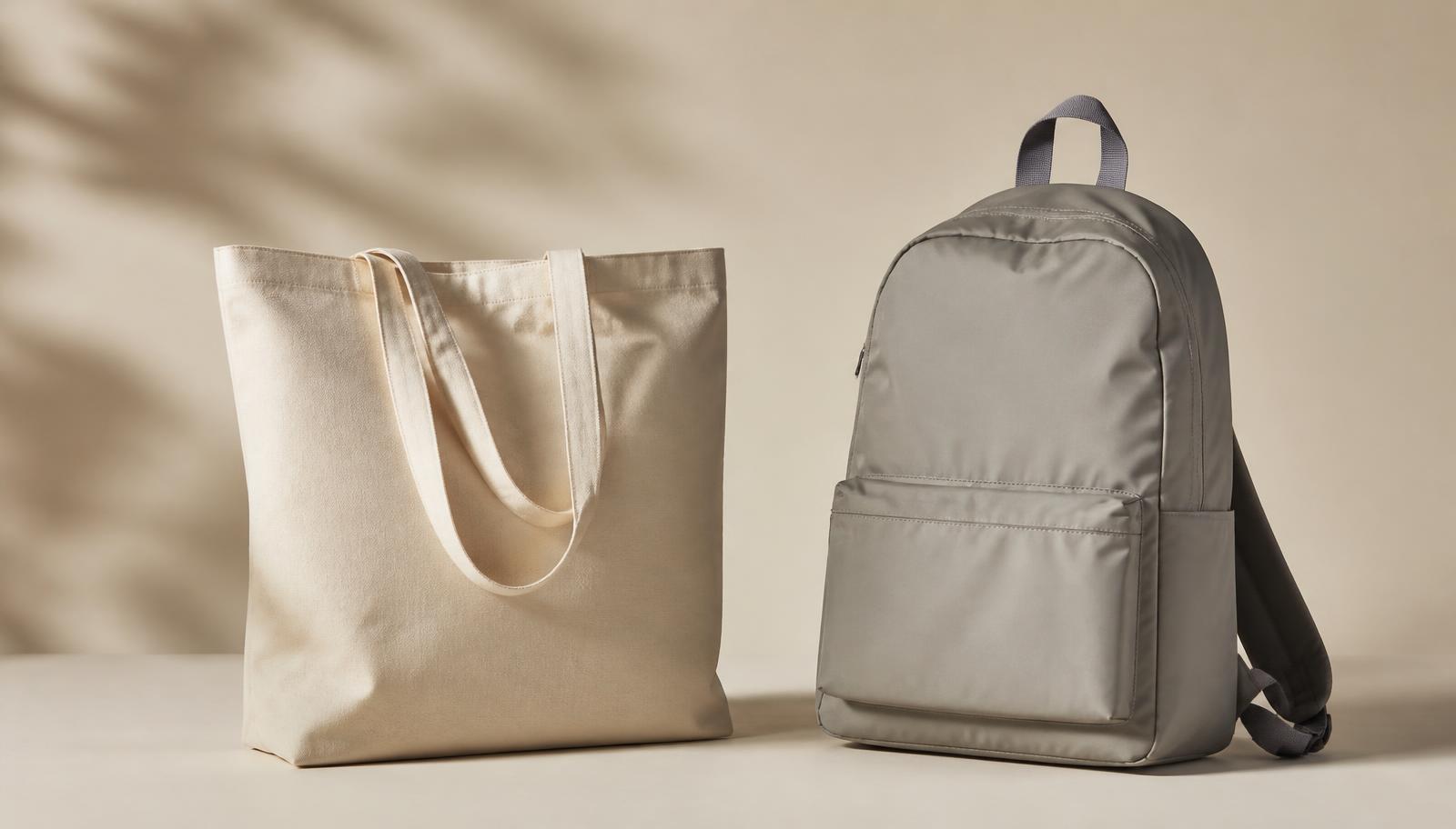 Canvas tote bag and nylon backpack on a neutral surface
