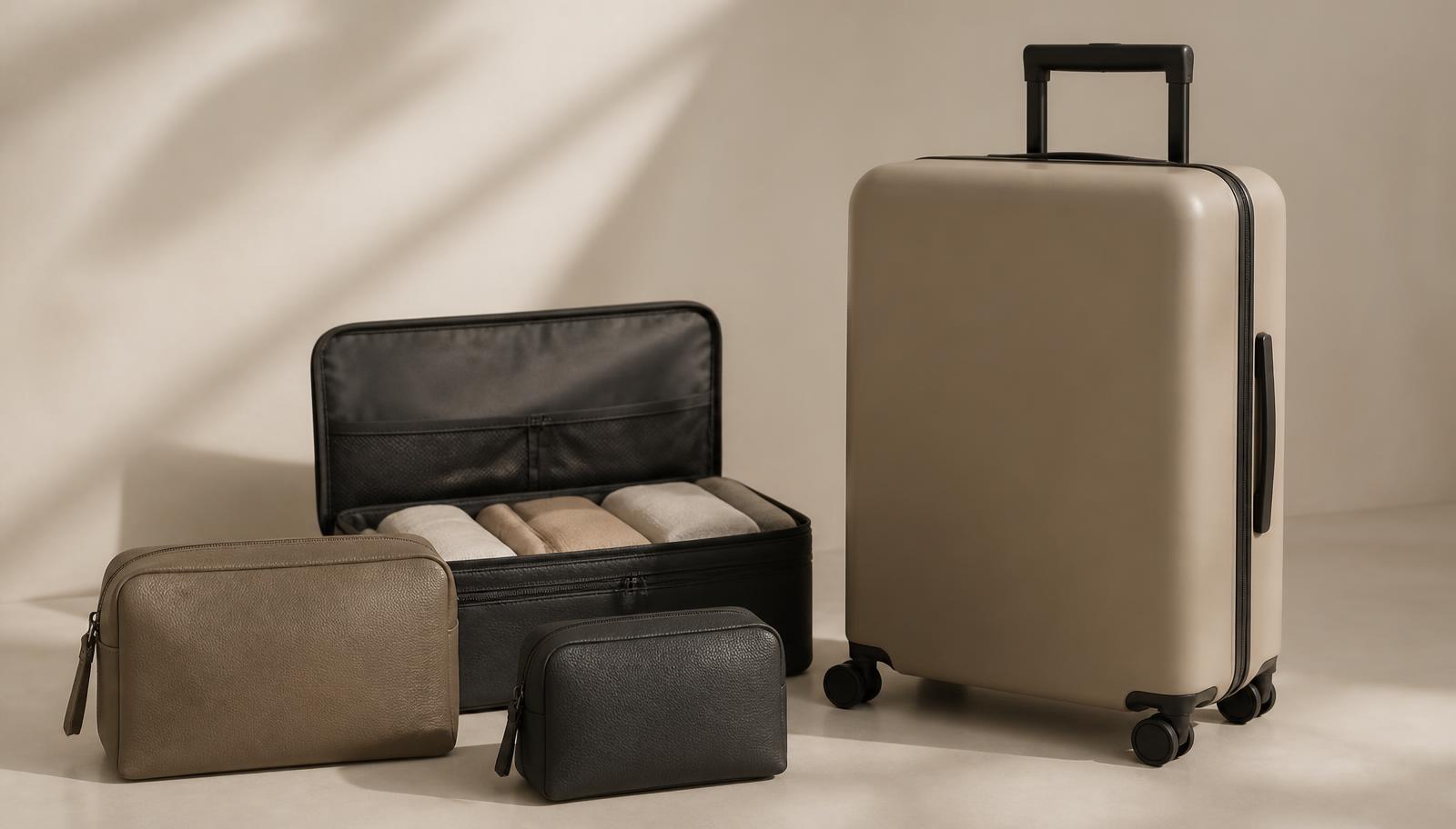 Hard-shell travel case with leather pouches
